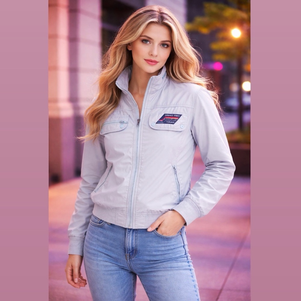 VINTAGE Adios Grand Prix Monaco Nylon Jacket Light Grey Beige Size Small (16)